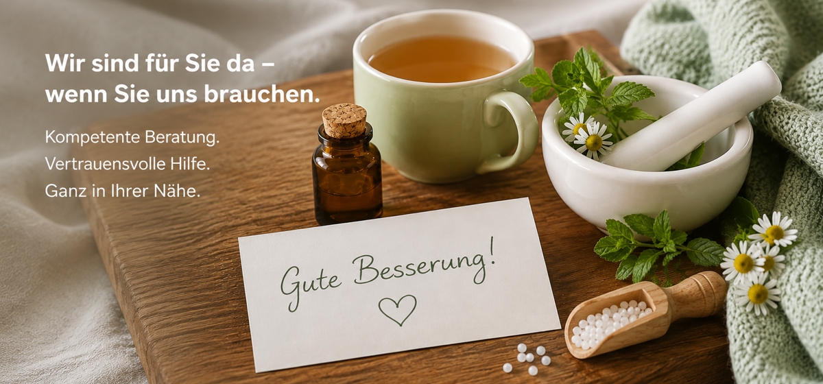 Introbild Arrangement von homöopathischen Globuli, einem medizinalfläschchen Tinktur, einer Tasse Heiltee und Heilkräutern